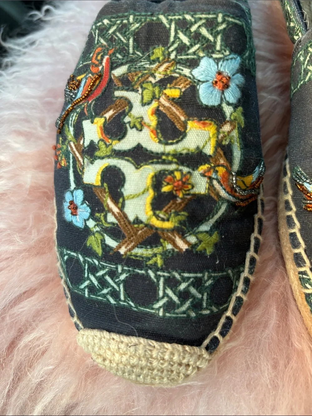 Tory Burch Black Embroidered Floral & Bird Espadrilles